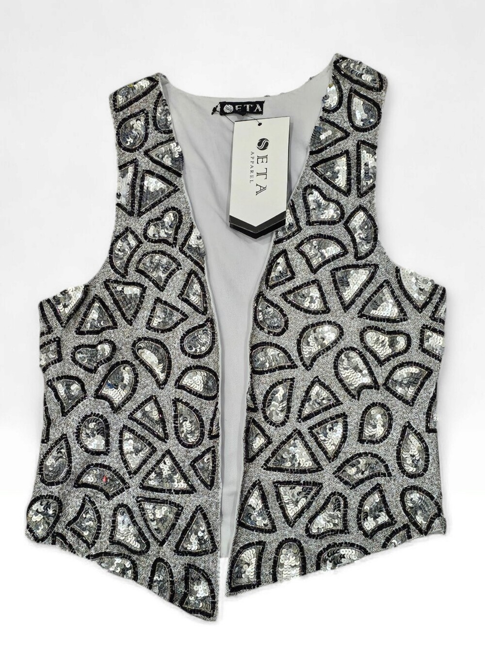 SETA Apparel Women Geometric Silver Black Beaded Sequins Open Vest S